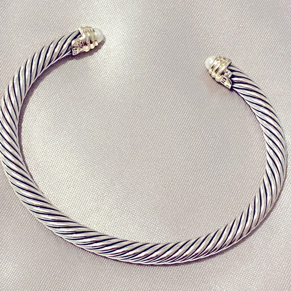 David Yurman Sterling Silver & 14K gold 4mm Cable Bangle Cuff Pearl Bracelet